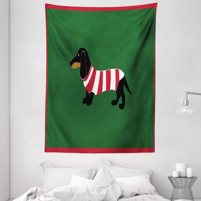 ABAKUHAUS Teckel Wandtapijt, Cartoonhond, 110 x 150 cm, Jagergroen/Rood