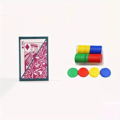 1 jeu de cartes et 50 pièces d'accessoires de jeu ronds Cartes de jeu d'extérieur en plastique PVC Cartes de jeu de société imperméables et résistantes à l'usure Ensemble de jeux de société rose vif