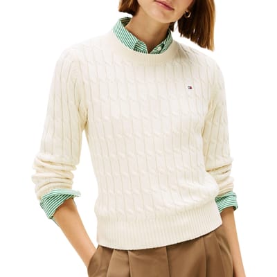 Tommy Hilfiger Cable Knit Crew Neck Jumper Calico Size: S | Sweaters Outlet | Dames | Wit