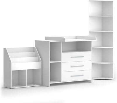 Vicco Oskar De babymeubelset – 3 delen, met aankleedkussen, speelgoedplank en boekenplank Wit