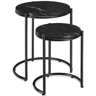 tectake® Bijzettafel - Set van 2 in elkaar schuifbare Bijzettafels met Tafelblad in Marmerlook - 43 x 50,5 en 33 x 40,5 cm - Zwart/Zwart - Salontafel - Bedtafel - Draagkracht 12kg per Tafel