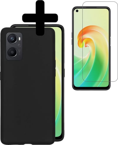 Hoesje - Met Screenprotector - Geschikt voor OPPO A76 - Sterk & Shockproof - Back Cover - Siliconen Case - Telefoon Hoes - Telefoonhoesjes - Zwart