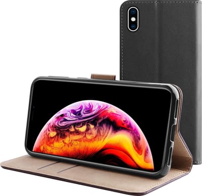 BMAX Leren book case hoesje geschikt voor iPhone XS Max / Lederen book cover / Beschermhoesje / Telefoonhoesje / Hard case / Telefoonbescherming - Zwart