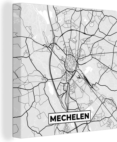 Canvas Schilderij Stadskaart – Plattegrond – België – Zwart Wit – Mechelen – Kaart - 20x20 cm - Wanddecoratie