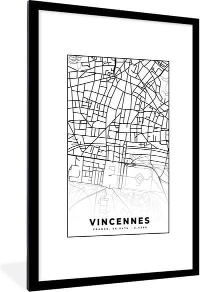 Fotolijst incl. Poster Zwart Wit- Plattegrond – Kaart – Frankrijk – Vincennes - Stadskaart - Zwart wit - 80x120 cm - Posterlijst