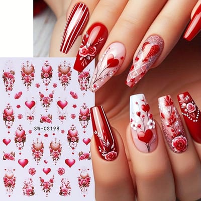 5D Valentijnsdag Embossed Nagelsticker Hart Bloem Rood Liefdeshart DIY Romantische Manicure Decoratie SW-CS198