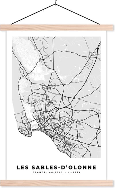 Posterhanger incl. Poster 40x60 cm - Schoolplaat - Kaart – Stadskaart – Les Sables-d'Olonne - Plattegrond – Frankrijk - Textielposter - Blanke latten - Stadskaart