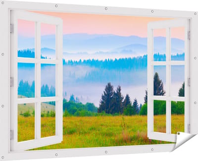 Gards Tuinposter Doorkijk Mistige Heuvel Landschap met Bossen - 180x120 cm - Tuindoek - Tuindecoratie - Wanddecoratie buiten - Tuinschilderij