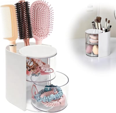 Opbergdoos voor Poederdonsjes - 13,4 × 10 × 12,3 cm - Draaibare Transparante Opbergdoos met Twee Lagen - Geschikt voor Clipoorbellen Kettingen en Haaraccessoires - Compacte Sieradendoos voor Opbergen en Organiseren - Wit