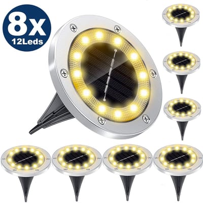 8x LED Warm Solar Grondspots – Zilver RVS Tuinverlichting met 12 LEDs – Tuinverlichting op Zonne-energie – IP65 Waterdicht – 8-10 Uur Verlichting voor Buiten – Energiezuinig en Duurzaam