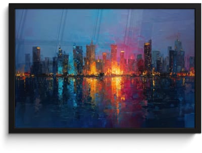 Poster in lijst - Fotolijst 60x40 cm - Posters - Skyline - Penseelstreken - Donkerblauw - Lichtgevend - Posterlijst zwart - Decoratie - Wanddecoratie woonkamer - Muurdecoratie slaapkamer