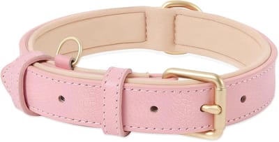 Zacht Lederen Hondenhalsband voor Groot Honden Ademend Gevoerd met D-ring, Verstelbare Klassieke Hondenhalsband, Roze,L