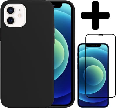 Hoesje - Met Screenprotector - Geschikt voor Apple iPhone 12 - Sterk & Shockproof - Telefoon Hoes - Back Cover - Siliconen Case - Telefoonhoes - Zwart
