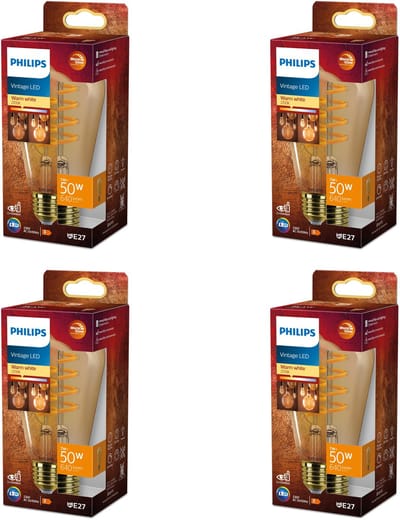 Philips Voordeelverpakking - E27 - WarmGlow - LED Edisonlamp - Filament - Amber - 50W - Dimbaar - Warmwit Licht - Set van 4 Stuks