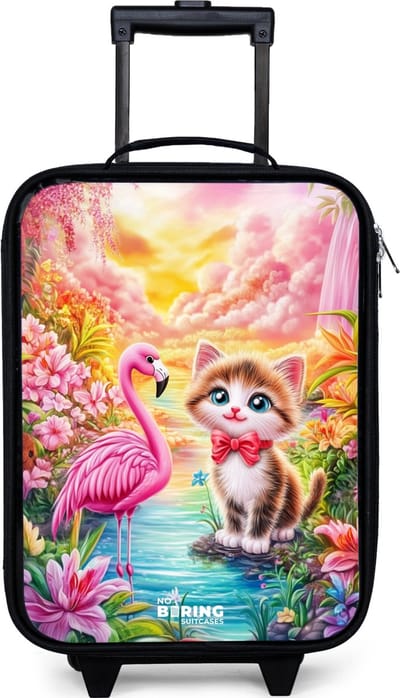 NoBoringSuitcases.com® - Kinderkoffer jongen - Kindertrolley meisje - Kitten met flamingo in tropisch bloemenparadijs - Koffer kind lichtgewicht - Reiskoffer trolley voor kinderen - Koffertje met lichtgevende wieltjes - Rolkoffer zwart