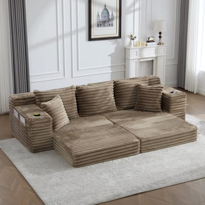 Corduroy Compressiebank met hoge Rugleuning en Extra Kussens, Opbergvakken aan Beide Zijden en Bekerhouders, kan vrij Gecombineerd Worden tot een Slaapbank, Zachte Bekleding voor Maximaal Comfort, Khaki