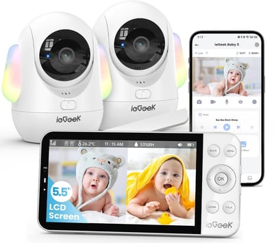 Babyfoon met 2 Camera en App met 5.5 inch Scherm - 2.5K/4MP PTZ Videobabyfoon met Camera - PTZ 360°/100° - Temperatuursensor, automatische tracking, Nachtzicht, 2-Weg Audio,Automatisch