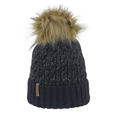 Herman-muts in effen zwart kabelbreisel met glanzend lurexgaren en een pompon van imitatiebont.