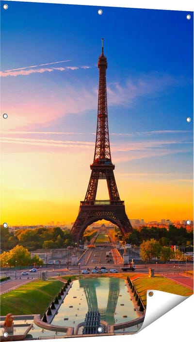 Gards Tuinposter Parijs Eiffeltoren tijdens de Zonsopkomst - 80x120 cm - Tuindoek - Tuindecoratie - Wanddecoratie buiten - Tuinschilderij