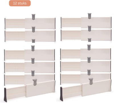 JustValue Ladeverdelers 12-Pack – Verstelbaar van 28-43 cm – Kunststof – 10 cm Hoog – Lade Organizer voor Keuken – Slaapkamer – Badkamer – Kantoor – Wit