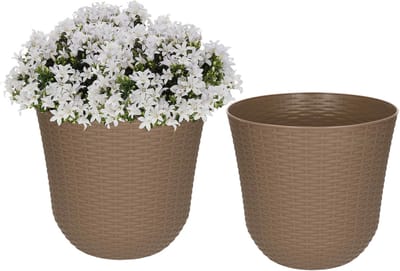 PlasticForte Bloempot - 2x - taupe - D25 x H23 cm - rotan kunststof - plantenpot