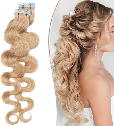 Tape Extensions voor Menselijk Haar 35cm Golvend - 20 Stuks 100% Remy Haar met Vervangende Lijm - Honingblond #27-1