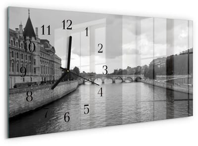 Tulup Wandklok - Bruggen van Parijs Glazen Wandklok Design - 60x30 cm - Zwart-wit Klok Glas Met Opdruk - Zwarte Handen - Rechthoekige Wandklok - Klok Glas Met Opdruk - Moderne Wandklok Glas