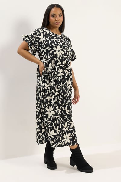 Yours Zwarte Jurk Met Bloemenprint En Ruches Aan De Mouwen Size 50-52