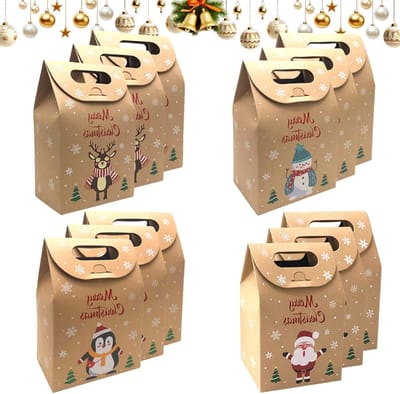 Cadeautasjes voor Kerstmis - 12 stuks kraftpapier zakjes met draaggreep, herbruikbaar voor geschenken, feestartikelen en snoep, 9,5 x 6 x 15,5 cm