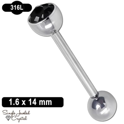 Tongpiercing - 1.6 x 14 mm - 316L Chirurgisch Staal - Barbell - Cone Kristal - Zwart