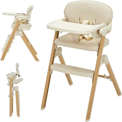 Kinderstoel voor baby’s en peuters – Lichtgewicht, verstelbare kinderstoel met aluminium frame – Waterdicht – Gemakkelijk te reinigen kussen – Afneembaar dienblad – Verstelbare voetsteun – Beige