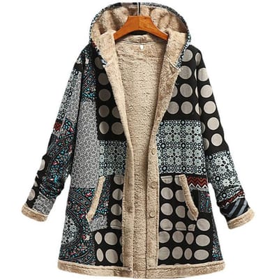 Manteau Chaud Imprimé pour Femme Hiver Polaire Épaisse à Capuche Poches Long Manteau d'Extérieur Lâche Femme S gris