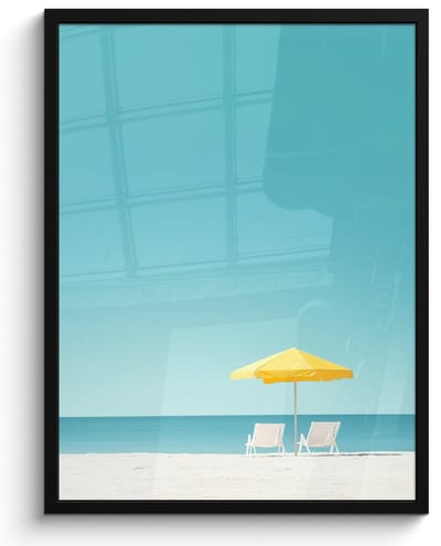 Poster in lijst - Fotolijst 50x70 cm - Posters - Strand - Blauwe lucht - Geel - Parasol - Posterlijst zwart - Decoratie - Wanddecoratie woonkamer - Muurdecoratie slaapkamer