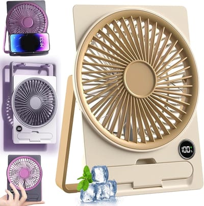 Mini-Ventilator op Kaartformaat met Telefoonhouder - Oplaadbaar en Ultrastil - 180° Kantelbaar en Inklapbaar - 6 Snelheden - 1 Stuk (Beige)