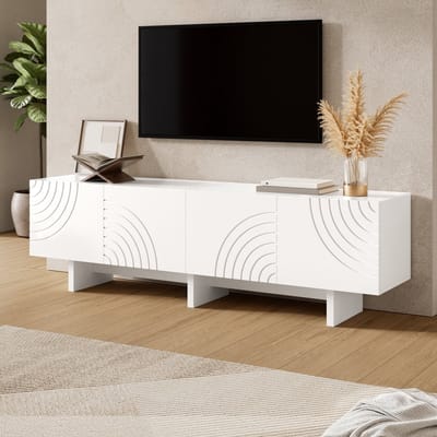 TV-Meubel - Lowboard met 4 Deuren en Geometrisch Boogpatroon - Opbergruimte - Wit