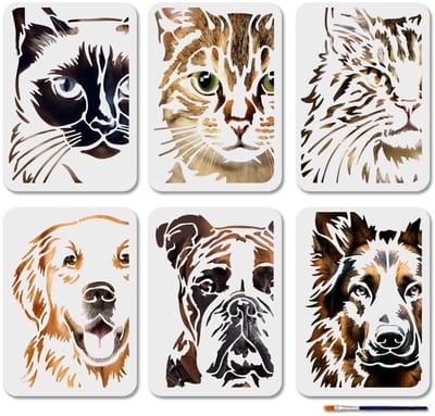 Dailygoods- Dieren Stencil 6 Stuks - Herbruikbare Kat/Hond Stencils - Schilderen Sjablonen - 21x29,7 cm - Inclusief Penseel - Kunststof Materiaal - Schilderstencils