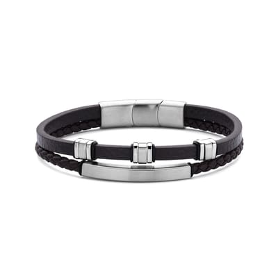7FB-0821 – Frank 1967 – Heren Armband – Dubbele Leren Armband – Donkerbruin – Zilverkleurig – Met Stalen Elementen