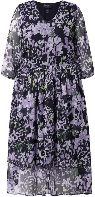 Ulla Popken - Dames - Midi-jurk van chiffon bloemen A-lijn V-hals 3/4-mouwen - Lavendel - Maat 46+