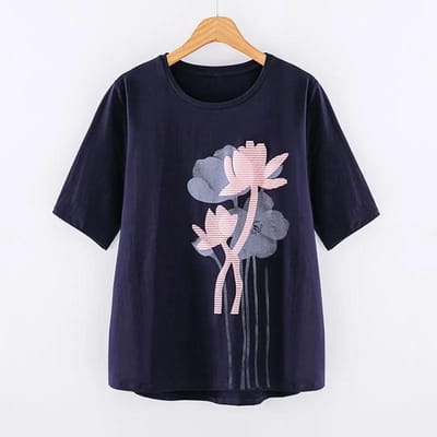 Kortmouw T-shirt Dames Zomer Eenvoudig Grote Maat Los Literair Print Top Dames L donkerblauwe kleur