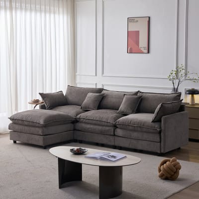 STILVORA Hoekbank 3-Zits Met Chaise Longue En Hocker - Modulair Comfort Voor Woonkamer En Kleine Ruimtes - Chenille Grijs