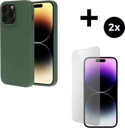 Mobiparts Silicone Cover hoesje geschikt voor Apple iPhone 14 Pro met 2 Screenprotectors van Gehard Glas - Groen