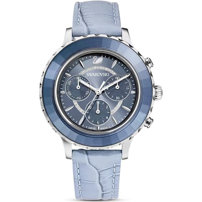 Swarovski Octea Lux Chrono Horloge Kwarts Uurwerk Leren Band Blauwe Wijzerplaat Drie-Oog Chronograaf Cadeau Voor Vriendin Dameshorloges 5580600 Regular Watch Box,Blue Dial gray