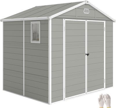 Outsunny Garden Storage Shed-Kunststof, Aluminium-240L x 190B x 228H cm-Lichtgrijs