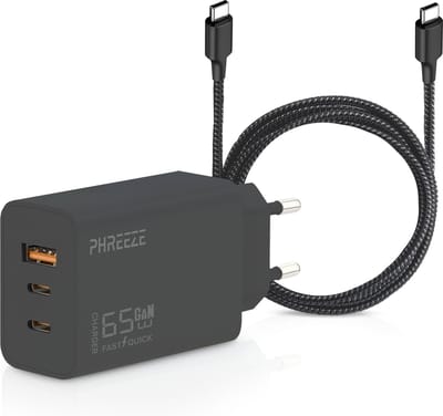 USB C Adapter 65W + USB C Naar USB C Kabel 2 Meter - 2 USB-C & 1 USB-A Snellader - Laptop Oplader Geschikt voor iPhone 15, 16 , Samsung S20, S21, S22, S23, S24, Macbook - Wit