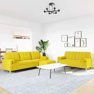 vidaXL - 3-delige - Loungeset - met - voetenbank - en - kussens - stof - lichtgeel