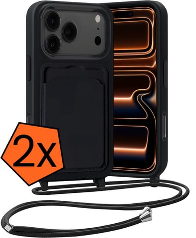 Hoesje Geschikt voor iPhone 17 Pro Max / 18 Pro Max Hoesje Met Telefoonketting Pasjeshouder Case Koord - Hoesje Geschikt voor iPhone 17 Pro Max / 18 Pro Max Hoes Met Kaarthouder - Zwart - 2 PACK