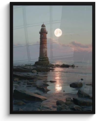 Poster in lijst - Fotolijst 50x70 cm - Posters - Vuurtoren - Stenen - Water - Maan - Posterlijst zwart - Decoratie - Wanddecoratie woonkamer - Muurdecoratie slaapkamer