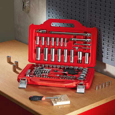 Modulaire cassette met zeskantdoppen en inzetstukken voor schroeven - 100 stuks, rood, 41,5 x 28,3 x 9,2 cm