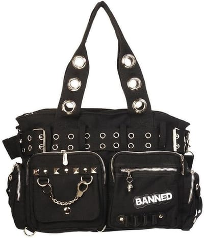 Dames Handtas Zwart met Studs en Oogjes - Grote Schoudertas met Verstelbare Band