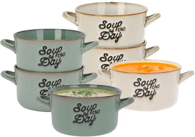 Soepkommen set - 6x - beige/groen - 500ml - porselein - met oren